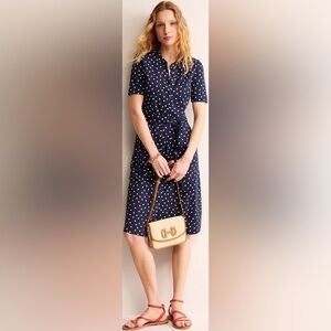 Boden Petite Julia Short Sleeve Button Down Shirt Midi Dress Navy Polka Dot